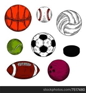 Sketched sporting balls and puck for soccer and american football, baseball and ice hockey, basketball and tennis, volleyball and bowling. May be use as sport team, club and healthy lifestyle design. Sketched sporting balls and puck symbols