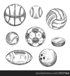 Sketched sporting balls for soccer or football, baseball, basketball, american football, volleyball, tennis, bowling and puck for ice hockey. Sporting items isolated icons for sport competition or team mascot design usage. Sporting balls and hockey puck sketch icons