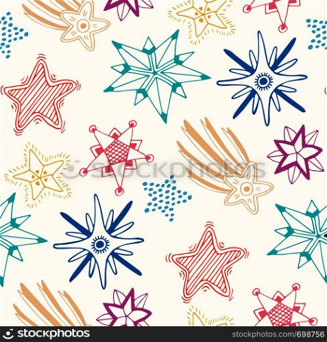 Sketched stars seamless pattern. Childish colorful background for textile or wrapping.. Sketched stars seamless pattern. Childish colorful background for textile or wrapping