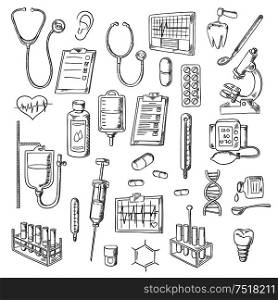 Sketched stethoscopes, thermometers and syringes, medicines, test tubes and drip chambers, microscope, heart and ear, dentist tools, tooth implant, checkup form, ecg and blood pressure monitors, DNA helix and chemical formula symbols. Medical checkup and treatments sketch icons