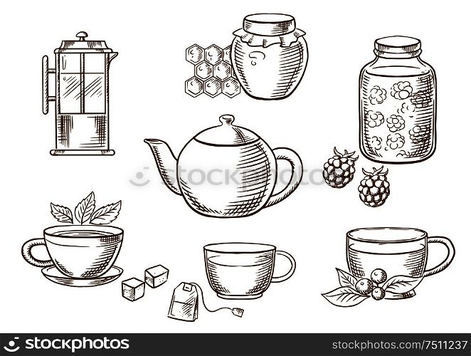 Sketched tea icons with jars, honey and raspberry jam, french press, various teacups with tea bag, sugar cubes, fresh leaves of mint and cowberry with porcelain tea pot. Vector sketch. Tea icons with jam, honey, cups and teapots