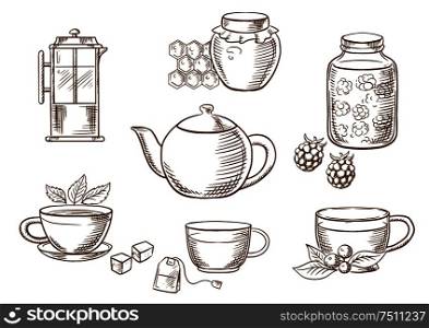 Sketched tea icons with jars, honey and raspberry jam, french press, various teacups with tea bag, sugar cubes, fresh leaves of mint and cowberry with porcelain tea pot. Vector sketch. Tea icons with jam, honey, cups and teapots