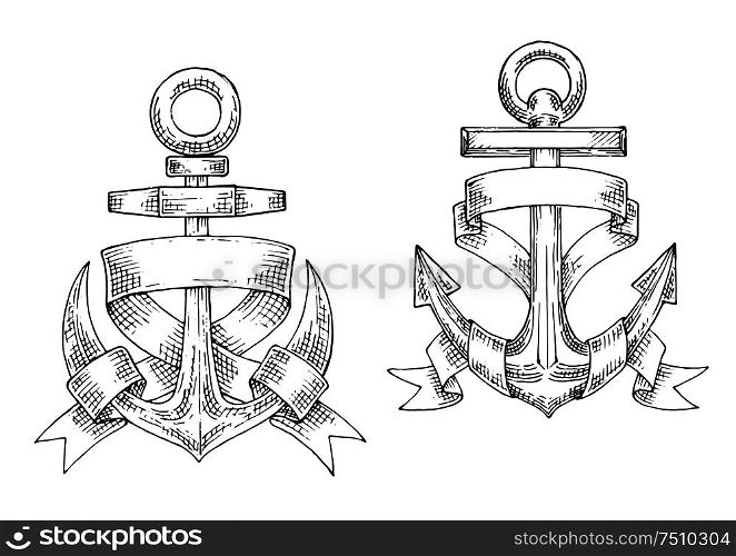 Sketched vintage marine anchors wrapped by wide ribbon. Nautical and marine heraldry design usage. Sketched marine anchors wrapped by ribbon.