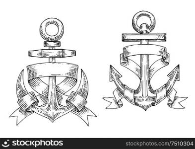 Sketched vintage marine anchors wrapped by wide ribbon. Nautical and marine heraldry design usage. Sketched marine anchors wrapped by ribbon.