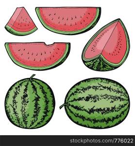 Sketched watermelon icons. Whole and slices.