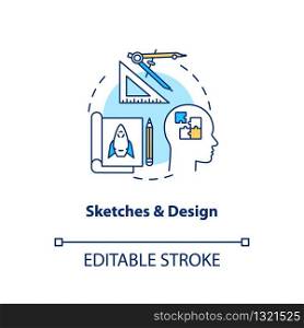 Sketches and design concept icon. Paperwork, plan forming idea thin line illustration. Groundwork, creative design process step. Vector isolated outline RGB color drawing. Editable stroke