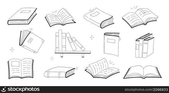 Sketches of books, open and closed textbooks, dictionary or novels with blank covers. Vector doodle set of literature icons for library, school or store isolated on white background. Sketches of literature, open and closed books