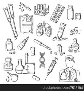 Sketches of doctor with stethoscope, pill, syringe, test tube, medical checkup form, laboratory flask, DNA, human lungs and cell, medicine bottle, ointment tube, dropper, crutches and enema. Medicines, medical laboratory equipments sketches
