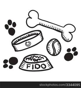 sketches of dog things - bone, ball, bowl, collar
