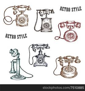 Sketches of old-fashioned telephones with vintage stylized handsets, magneto handle and rotary dials. Telecommunication concept usage. Vintage sketched handle telephone icons