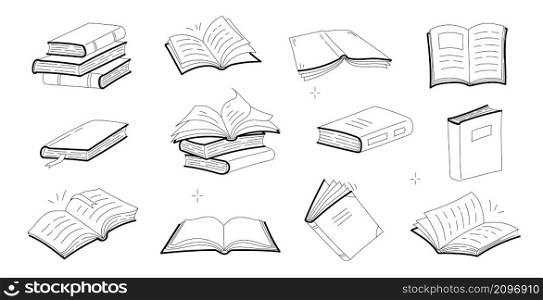Sketches of open and closed books, stack of textbooks, dictionary or novels with blank covers. Vector doodle icons of literature for library, store, university or school isolated on white background. Sketches of open, closed books, stack of textbooks
