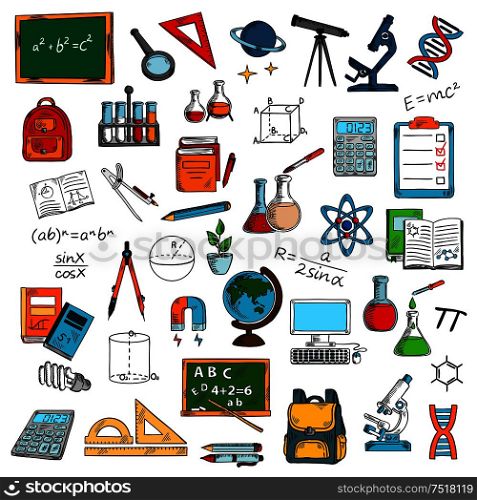 Sketches of school or university, college science equipment for studying or learning, education. Blackboard and magnifying glass, ruler and telescope, microscope and bag, flask and tube, pencil and atom, computer and molecule, backpack and textbook. Sketches of school or university equipment