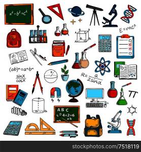 Sketches of school or university, college science equipment for studying or learning, education. Blackboard and magnifying glass, ruler and telescope, microscope and bag, flask and tube, pencil and atom, computer and molecule, backpack and textbook. Sketches of school or university equipment