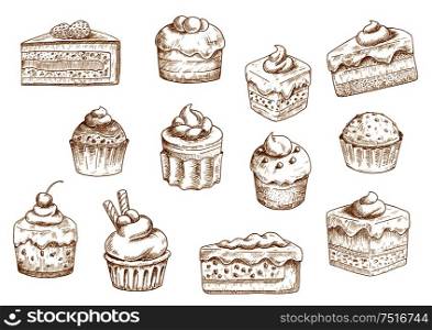 Sketches of scrumptious cupcakes and muffins in thin paper cups, berry pie and chocolate tiered cake, decorated by butter cream, whipped cream, fresh strawberries and cherries, chocolate drops and wafer tubes. Pastry and bakery shop objects. Pastry and sweet desserts sketches