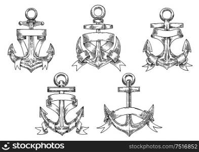 Sketches of vintage marine anchors, wrapped by ribbons with forked ends and copyspace for text. Nautical heraldry or yachting sport themes. Heraldic marine anchors with ribbons