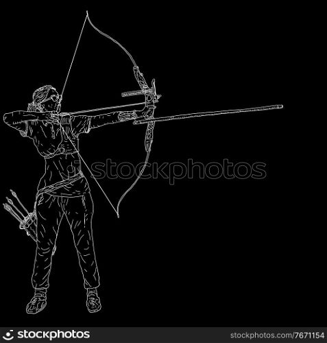 Sketches silhouettes attractive female archer bending a bow and aiming in the target.. Sketches silhouettes attractive female archer bending a bow and aiming in the target