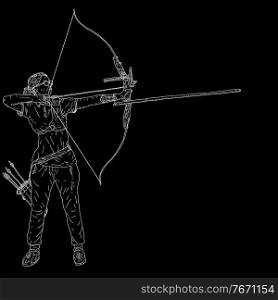 Sketches silhouettes attractive female archer bending a bow and aiming in the target.. Sketches silhouettes attractive female archer bending a bow and aiming in the target