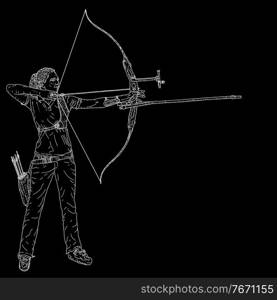 Sketches silhouettes attractive female archer bending a bow and aiming in the target.. Sketches silhouettes attractive female archer bending a bow and aiming in the target