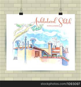 Sketching illustration in vector format. Poster with beautiful landscape and urban elements.. Sketching illustration in vector format. Poster with beautiful landscape and urban elements. Hand drawn illustration.