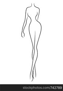 Sketching outline abstract slim figure of elegant woman, black over white vector artwork
