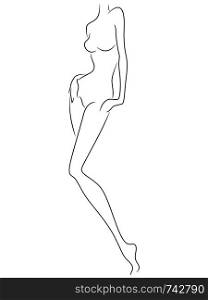 Sketching outline of graceful and slender female figure, black over white vector artwork