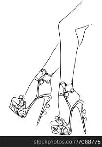 Sketching outline of graceful female feet in abstract floral shoes with high heels, black over white vector artwork