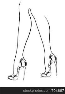 Sketching outline of graceful female feet in elegant shoes with abstract heels, black over white vector artwork