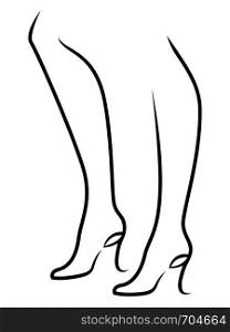 Sketching outline of graceful female feet in shoes with abstract heels, black over white vector artwork