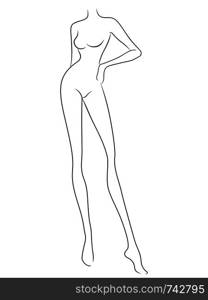 Sketching outline of graceful female slim figure, black over white vector artwork