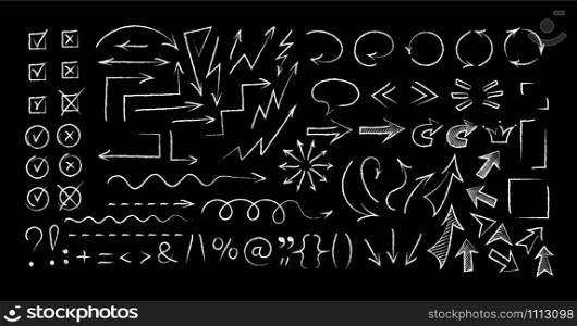 Sketchy arrow chalk style set vector illustration. Group of chalked arrows and checkboxes, chalk marker style symbols for hand drawn diagrams, mind maps and communication highlight drawings. Sketchy arrows and symbols chalk style set