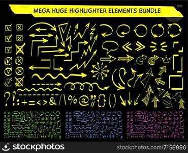 Sketchy arrow highlight marker set vector illustration. Group of neon colors arrows and checkboxes, felt marker style symbols for hand drawn diagrams, mind maps and communication highlight drawings. Sketchy arrows and symbols highlight marker set