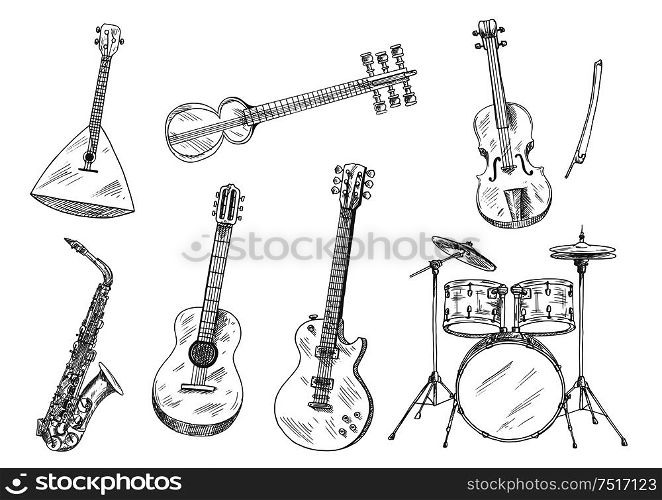 Sketchy drum set, acoustic and electric guitars, violin, saxophone, russian balalaika and indian sarod icons. Ethnic and classical musical instruments for arts and music design. Sketchy musical instruments for arts design