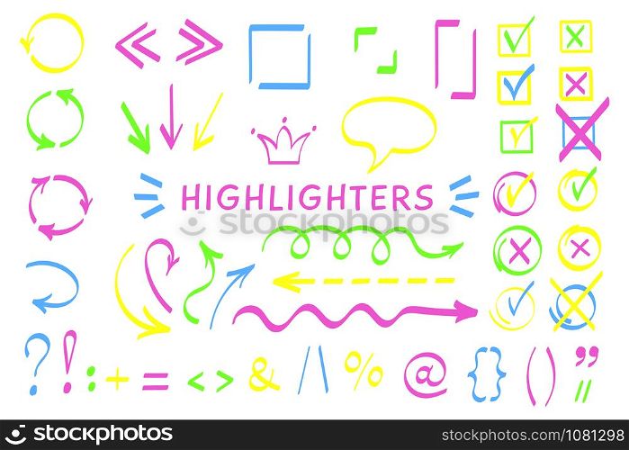 Sketchy symbol highlight pen set vector illustration. Collection of arrows, checkboxes and highlight decorative elements in neon color with felt pen style symbols for hand drawn office planning design. Sketchy symbol and arrows highlight pen vector set