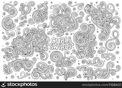Sketchy vector hand drawn Doodle cartoon set of curls and swirls decorative elements. Vector hand drawn Doodle cartoon set of curls and swirls