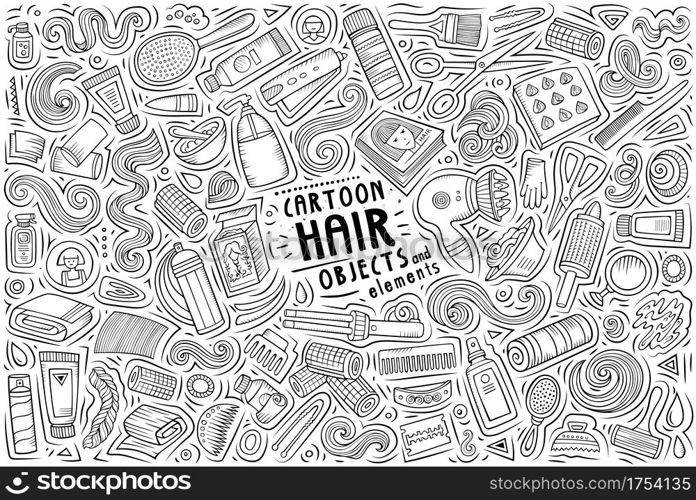 Sketchy vector hand drawn doodle cartoon set of Hair Salon theme items, objects and symbols. Doodle cartoon set of Hair Salon objects and symbols