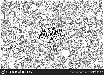 Sketchy vector hand drawn doodle cartoon set of Halloween theme items, objects and symbols. Doodle cartoon set of Halloween theme objects and symbols