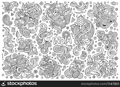 Sketchy vector hand drawn doodle cartoon set of Indian objects and symbols designs. Vector doodle cartoon set of Indian designs