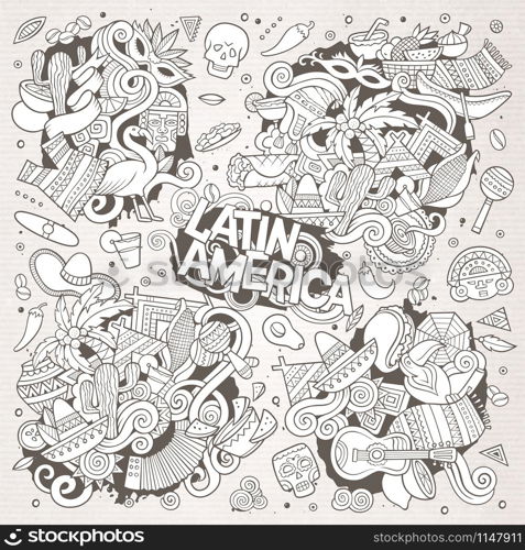 Sketchy vector hand drawn Doodle cartoon set of objects and symbols on the Latin America theme. Sketchy vector hand drawn Doodle Latin American doodle designs