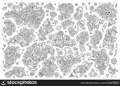 Sketchy vector hand drawn Doodle cartoon set of objects and symbols on the Latin America theme. Sketchy vector hand drawn Doodle Latin American objects