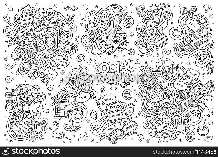 Sketchy vector hand drawn Doodle cartoon set of objects and symbols on the Social Media theme. Sketchy vector hand drawn Doodle cartoon set of objects