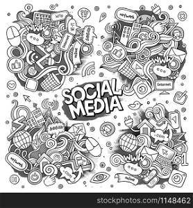 Sketchy vector hand drawn Doodle cartoon set of objects and symbols on the Social Media theme. Sketchy vector hand drawn Doodle cartoon set of objects