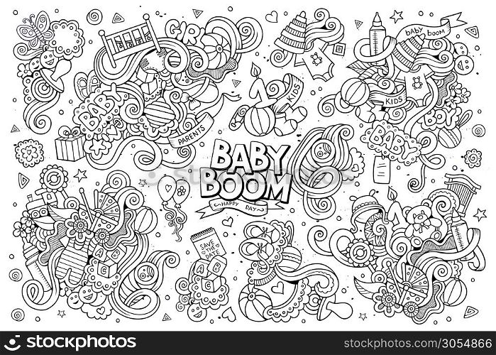 Sketchy vector hand drawn Doodle cartoon set of objects and symbols on the baby theme. Sketchy vector hand drawn Doodle cartoon set of objects