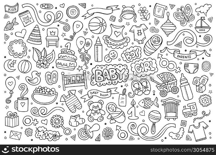 Sketchy vector hand drawn Doodle cartoon set of objects and symbols on the baby theme