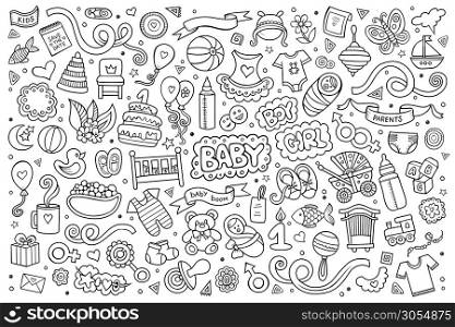 Sketchy vector hand drawn Doodle cartoon set of objects and symbols on the baby theme