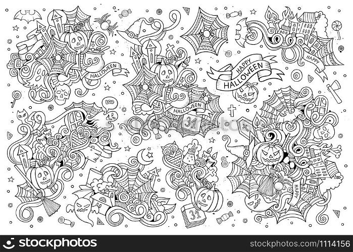 Sketchy vector hand drawn Doodle cartoon set of objects and symbols on the Halloween theme. Sketchy vector hand drawn Doodle cartoon set of objects