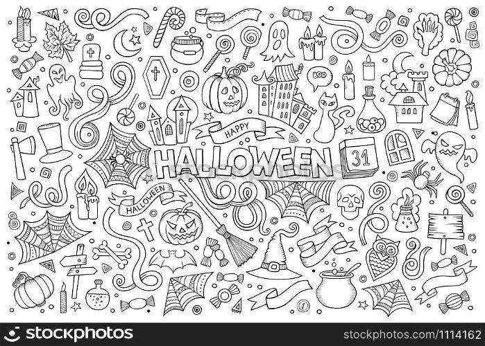 Sketchy vector hand drawn Doodle cartoon set of objects and symbols on the Halloween theme