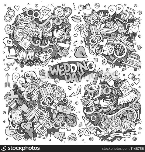 Sketchy vector hand drawn Doodle cartoon set of objects and symbols on the wedding theme. Wedding and love sketchy vector doodle designs