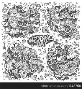 Sketchy vector hand drawn Doodle cartoon set of objects and symbols on the wedding theme. Wedding and love sketchy vector doodle designs