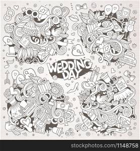 Sketchy vector hand drawn Doodle cartoon set of objects and symbols on the wedding theme. Wedding and love sketchy vector doodle designs