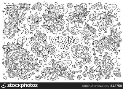 Sketchy vector hand drawn Doodle cartoon set of objects and symbols on the wedding theme. Wedding and love doodles sketchy vector symbols